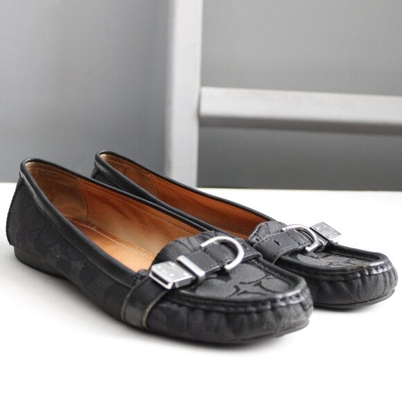 Coach Women's Flores Black Signature Logo Canvas Leather Flats Size 8.5 - Picture 2 of 8